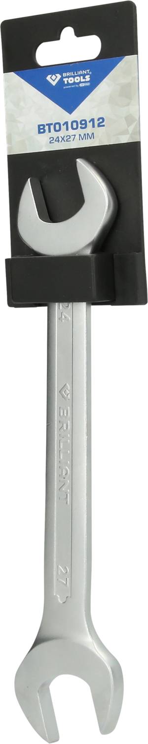Klucz płaski w opakowaniu z napisem 'BT010912 24x27 mm'. Srebrne narzędzie, marka nierozpoznawalna.