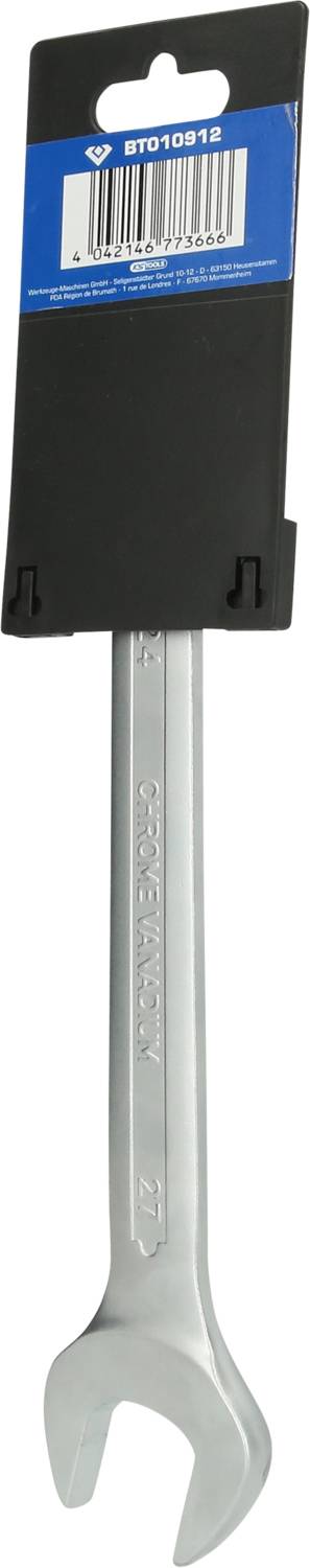 Srebrny klucz widełkowy z etykietą i kodem kreskowym na górze. Klucz posiada oznaczenie 'DIN-ISO 1711-1' dotyczące standardów.