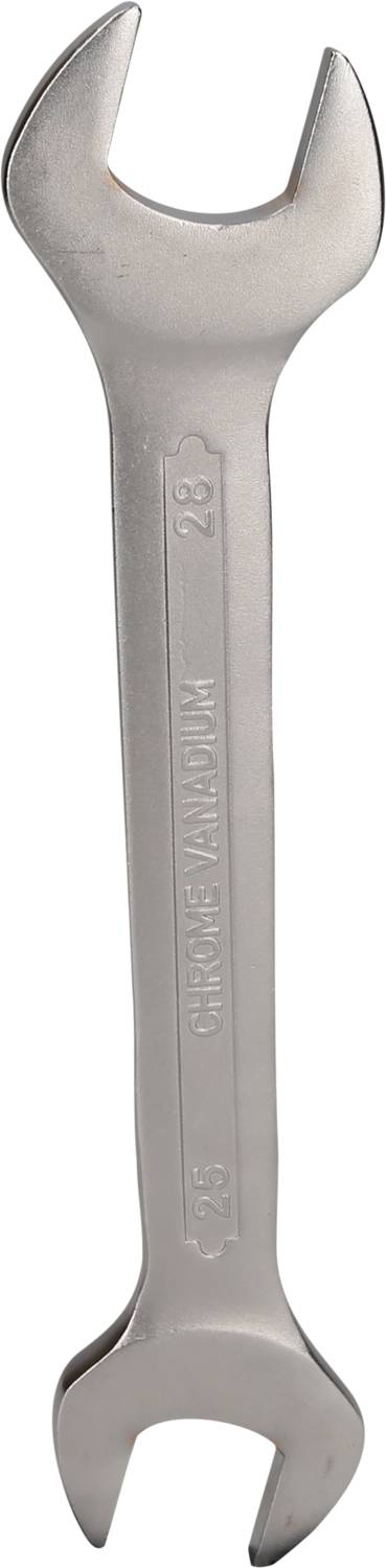 Srebrny klucz nastawny o wygiętym kształcie na obu końcach. Jeden koniec jest większy, przeznaczony do różnych rozmiarów śrub.