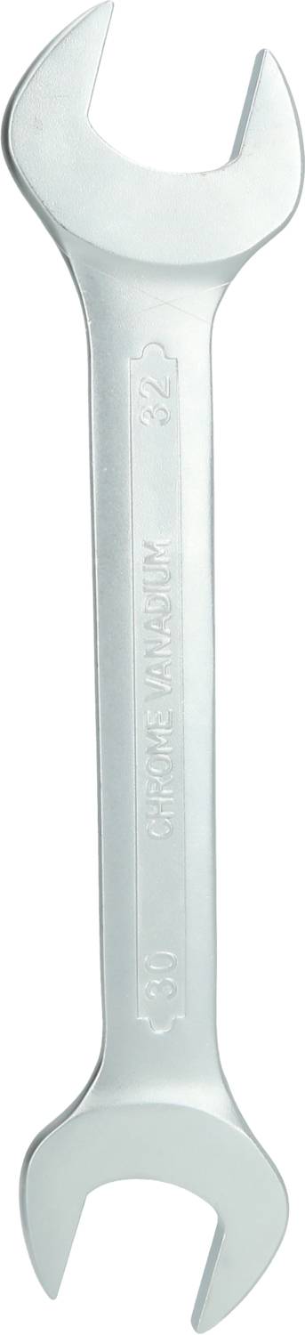 Srebrny klucz płaski z otwartymi końcami do dokręcania lub odkręcania nakrętek i śrub, przedstawiony w pozycji pionowej.