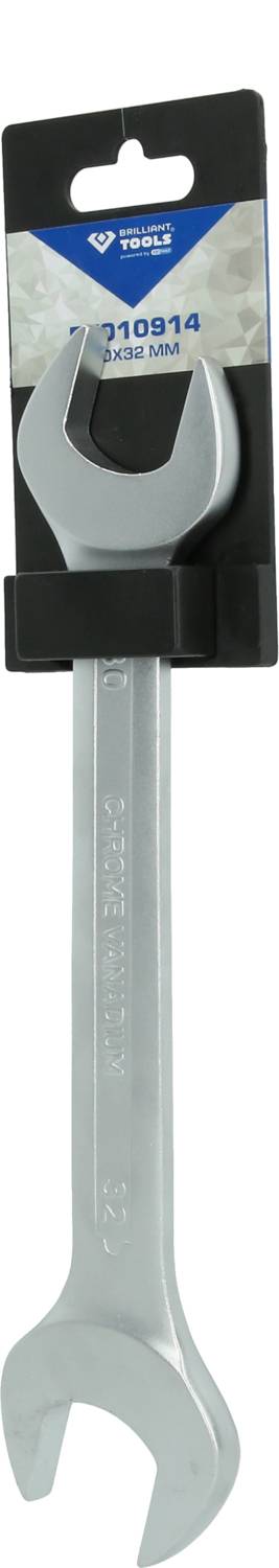 Srebrny klucz nastawny z opakowaniem. Klucz posiada otwór do nakrętek lub śrub. Opakowanie informuje o rozmiarze: 32 mm.