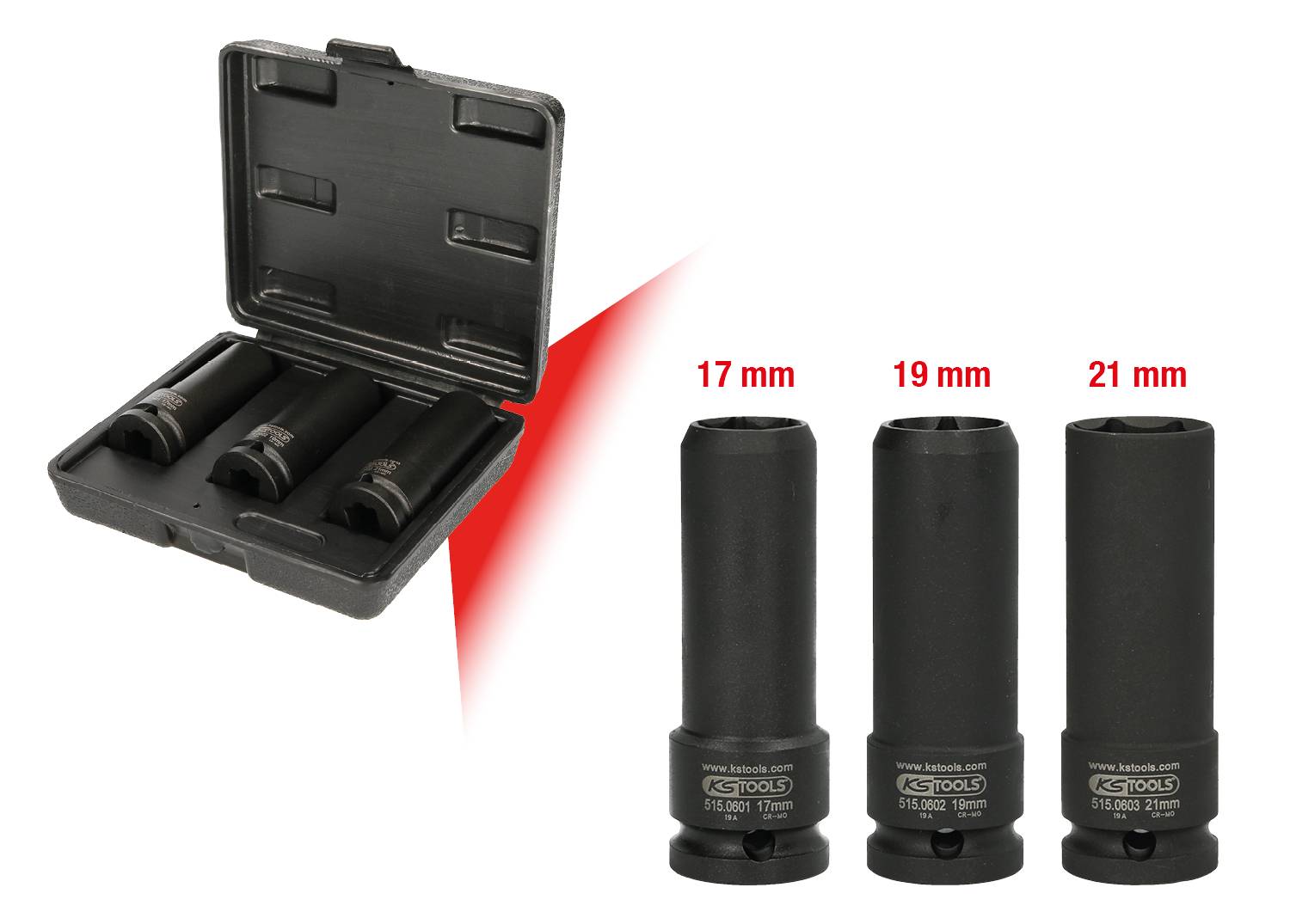 Trzy klucze nasadowe o rozmiarach 17 mm, 19 mm i 21 mm z odpowiednimi oznaczeniami, obok otwartej czarnej skrzynki narzędziowej.