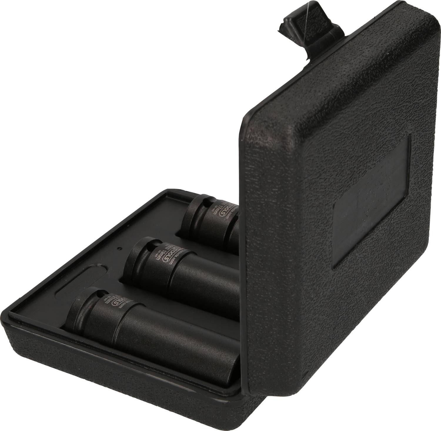 Czarne, otwarte etui z trzema czarnymi nasadkami klucza, ułożonymi obok siebie w ochronnej obudowie.