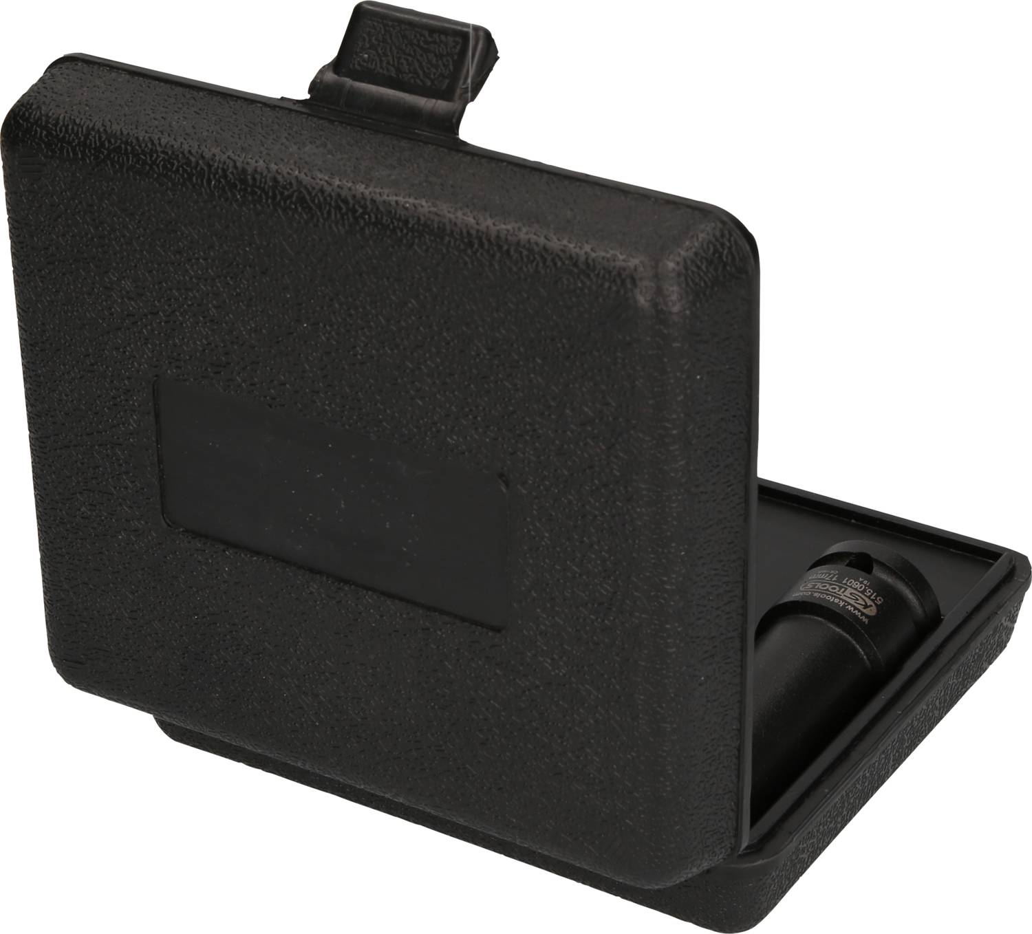 Czarne etui, które jest otwarte i zawiera czarny cylinder z napisem.