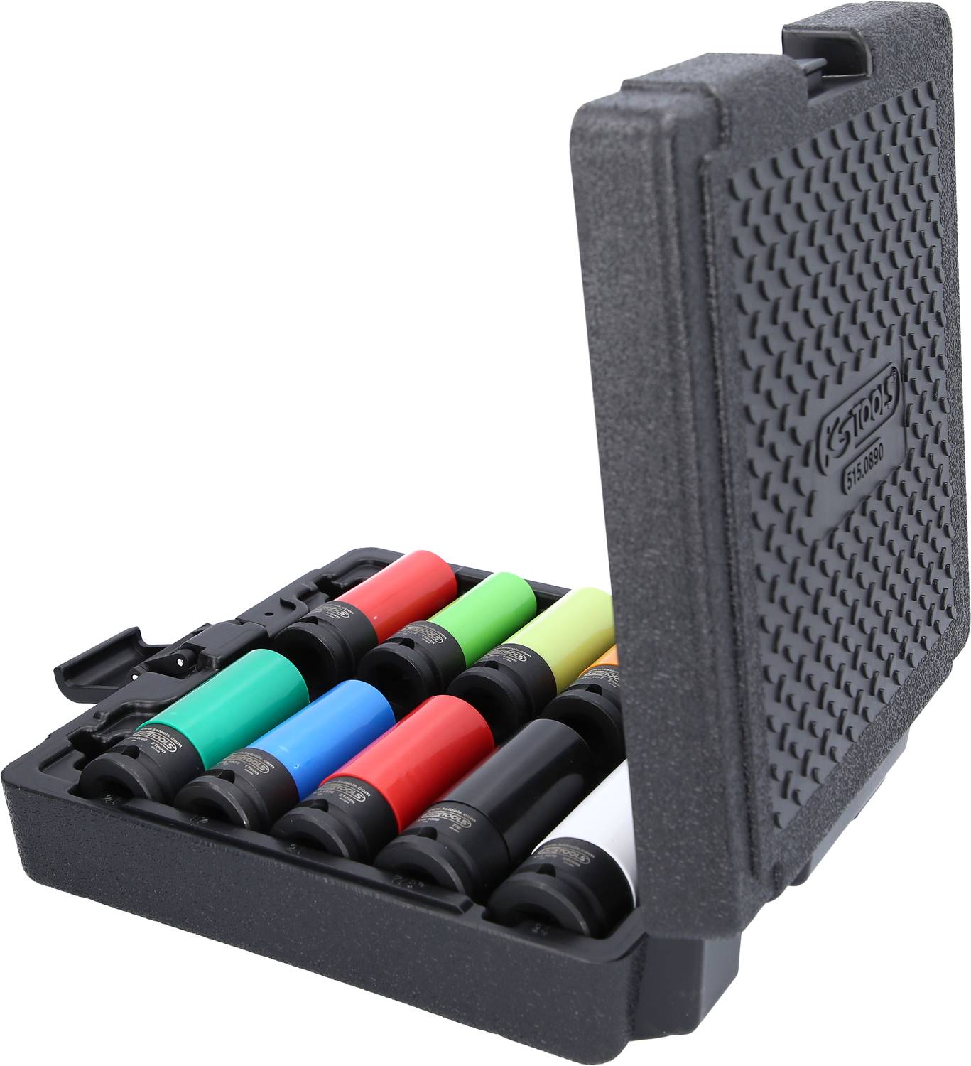 Zestaw kluczy dynamometrycznych do kół samochodowych w plastikowym etui z kolorowo kodowanymi nasadkami do różnych wartości momentu obrotowego.