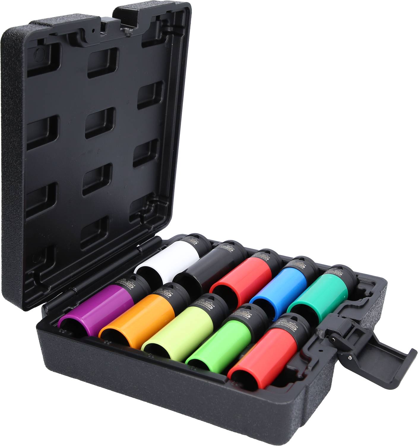 Walizka z ośmioma kolorowymi markerami w różnych odcieniach: fioletowy, pomarańczowy, biały, czarny, czerwony, zielony, jasnoniebeski i ciemnoniebieski.