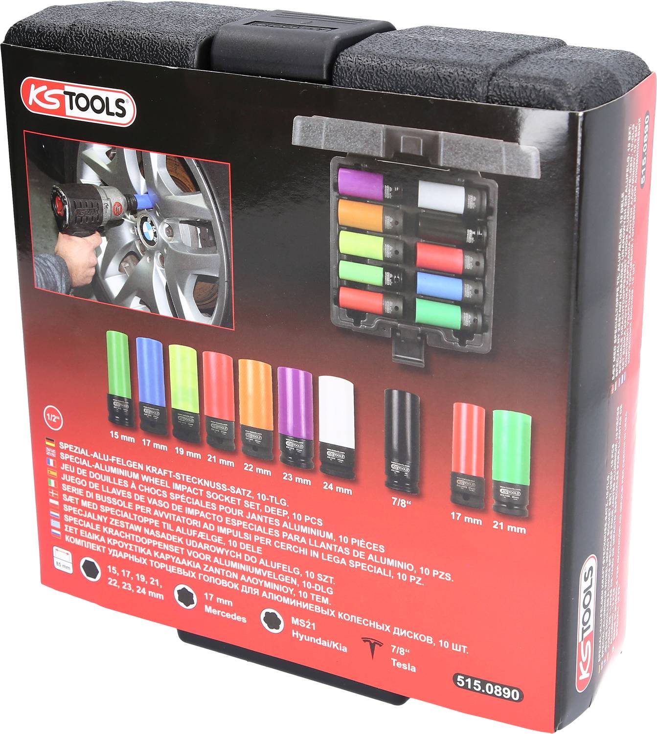 Zestaw specjalnych aluminiowych kluczy nasadowych 'KS Tools': 10-elementowy kolorowy zestaw kluczy nasadowych do marek samochodowych takich jak Mercedes, Tesla.