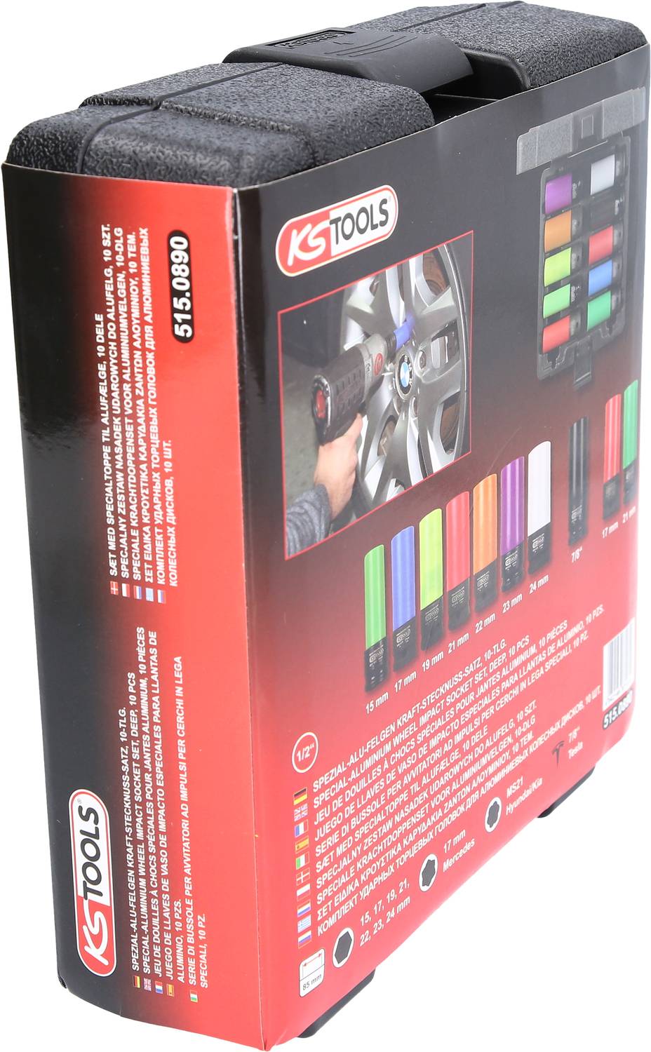 Czarny walizka narzędziowa firmy KS Tools z obrazem produktowym asortymentu kolorów na tylnej stronie. Zawiera oznaczone kolorystycznie nasadki klucza nasadowego.