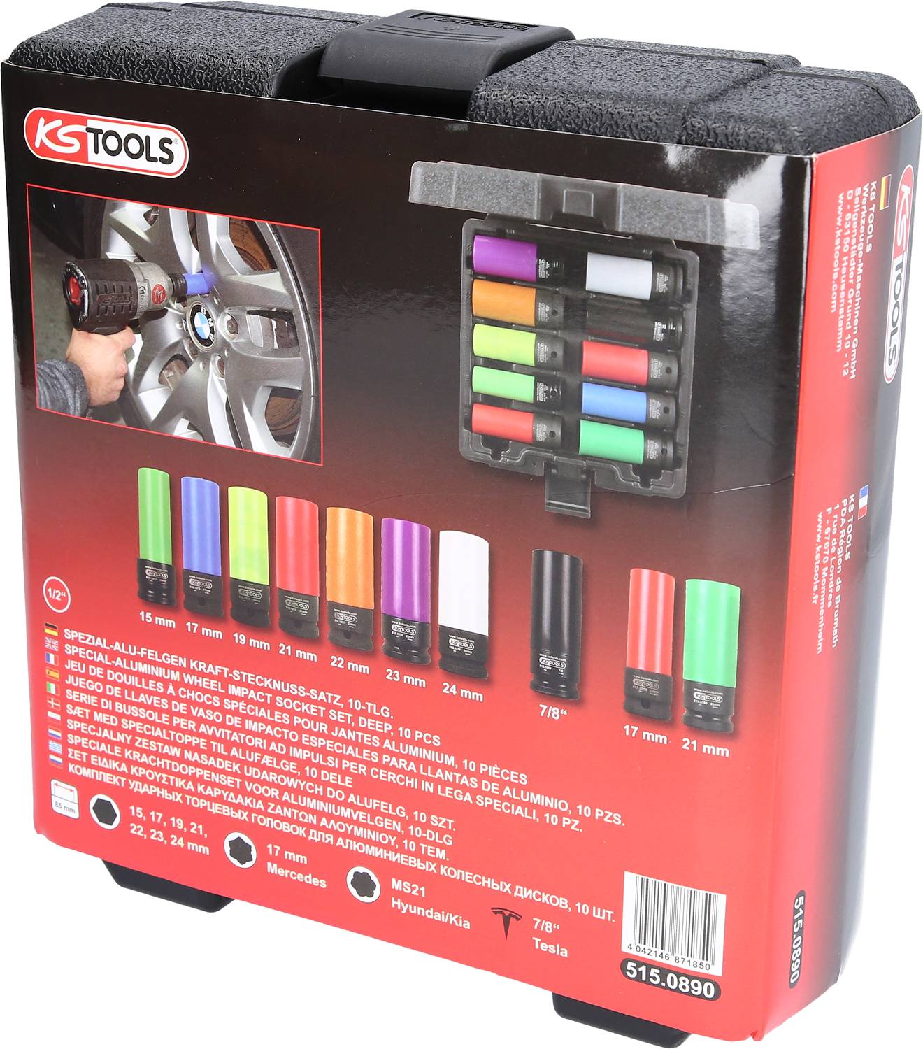 Opakowanie 'KS Tools' dla zestawu kluczy do nakrętek kół. Prezentuje nasadki w różnych kolorach i rozmiarach. Zawiera szczegółowe informacje dotyczące zastosowania.