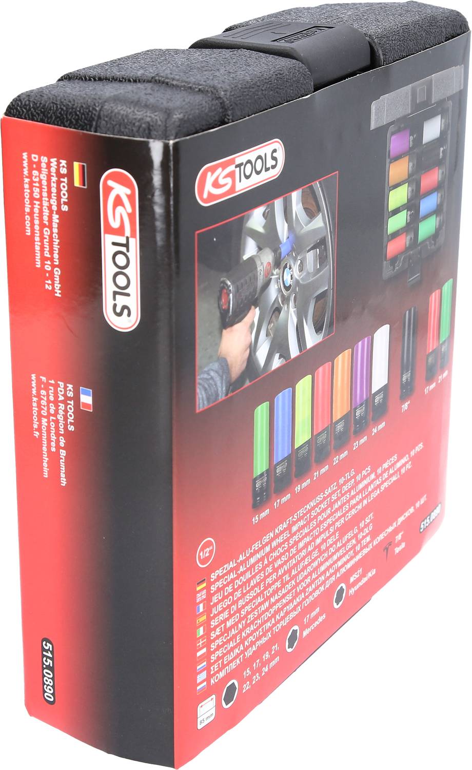 Zestaw narzędzi 'KS Tools' w walizce z różnokolorowymi nasadkami. Odpowiedni do montażu samochodowego. Opakowanie prezentuje przykłady produktu.