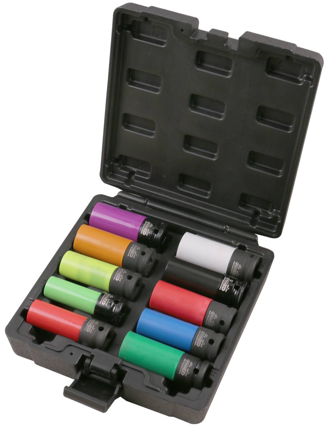 Otwarty czarny kufer z dziesięcioma różnokolorowymi nakładkami śrubowymi, ułożonymi w dwóch rzędach.