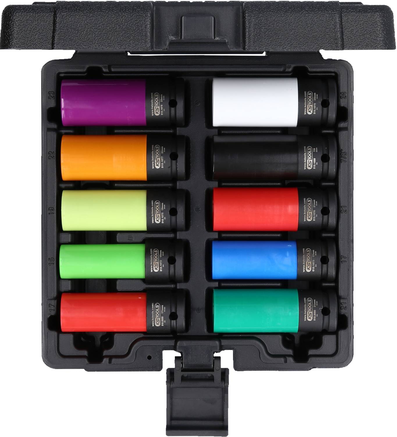 Zestaw dziesięciu kolorowych gwiazdkowych kluczy nasadowych ułożonych w dwóch rzędach w otwartej czarnej skrzynce narzędziowej.