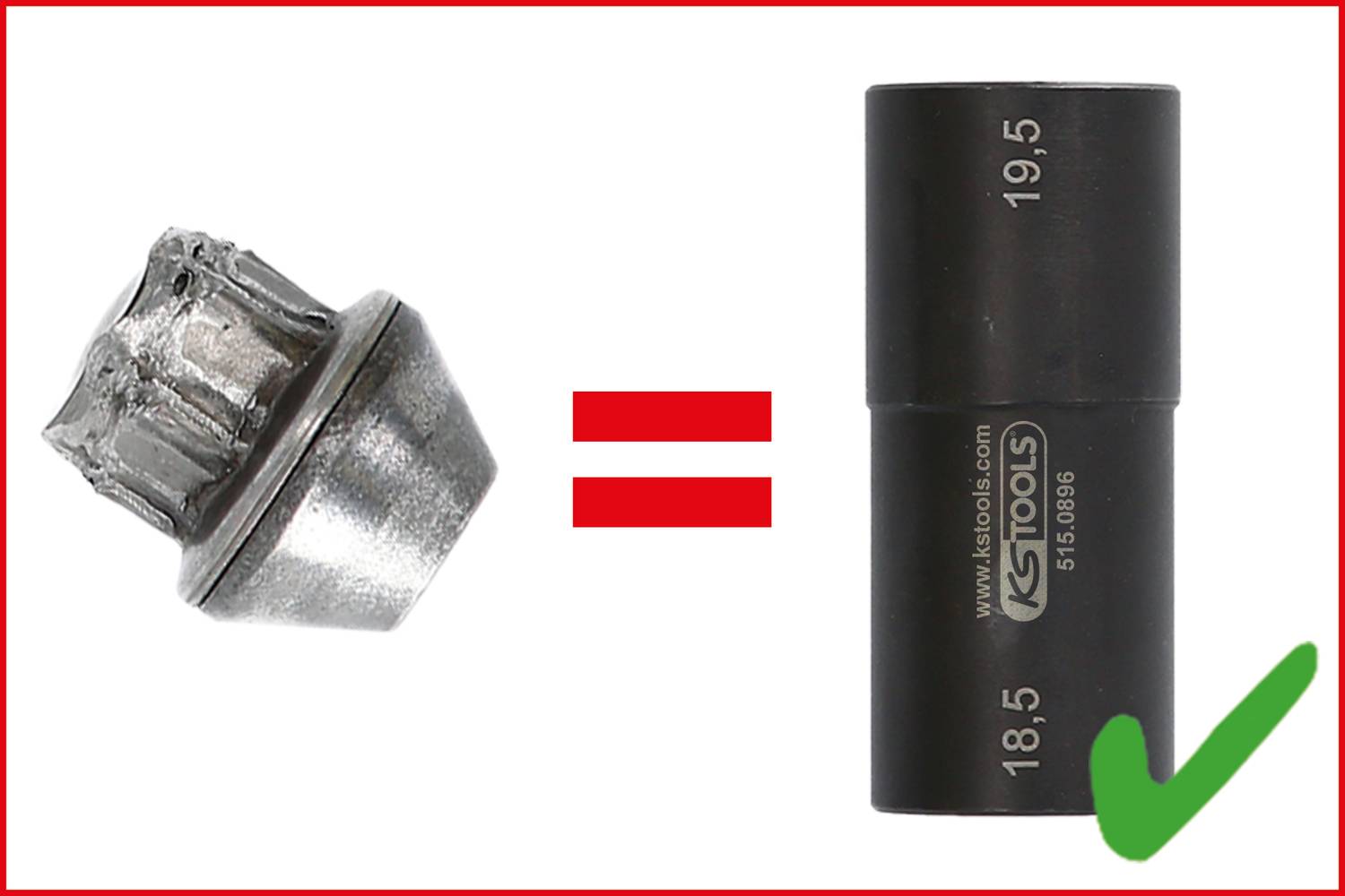 Uszkodzona śruba zostaje usunięta za pomocą specjalnego nasadowego klucza, oznaczona znakiem równości. Zielony znacznik potwierdza powodzenie operacji.