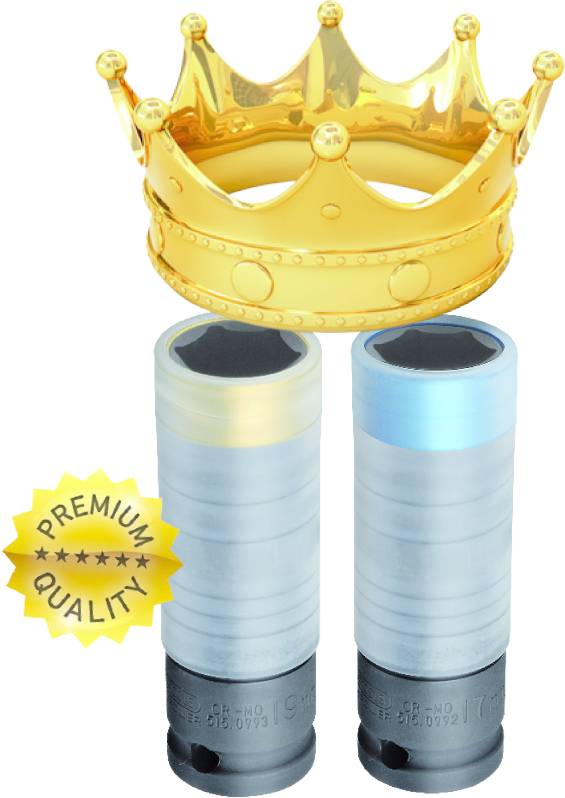 Dwa klucze nasadowe z kolorowymi pierścieniami, symbolicznie ukoronowane i opatrzone pieczęcią 'Premium Quality', symbolizują najwyższą jakość.