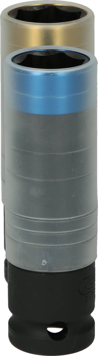 Dwa klucze, jeden w innym kolorze - niebieski i złoty - stoją obok siebie. Mają kształt cylindryczny z czarnymi uchwytami.