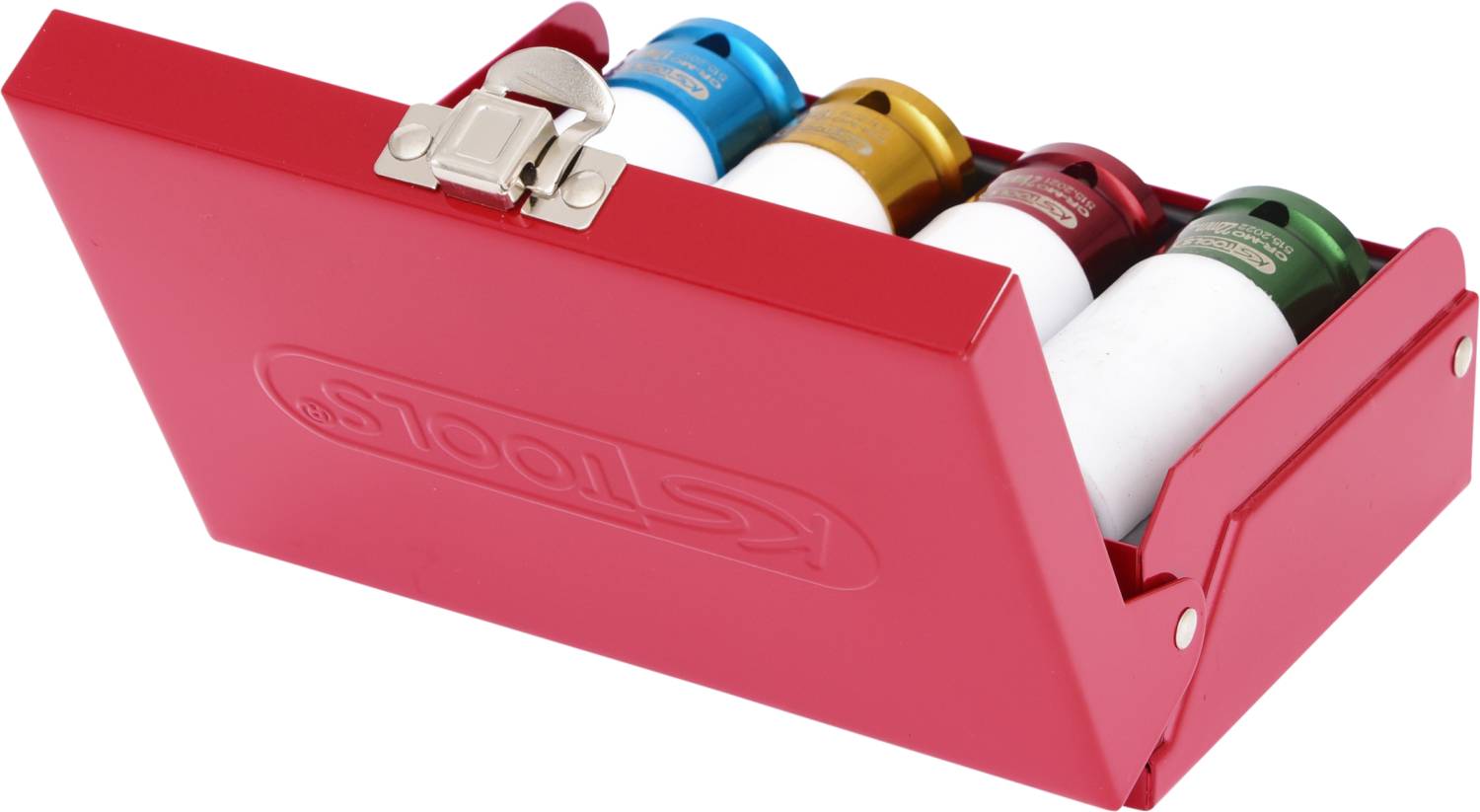 Czerwone metalowe pudełko z czterema kolorowymi kluczykami (niebieski, złoty, czerwony, zielony) do zabezpieczenia felg, zamykane na zatrzask.