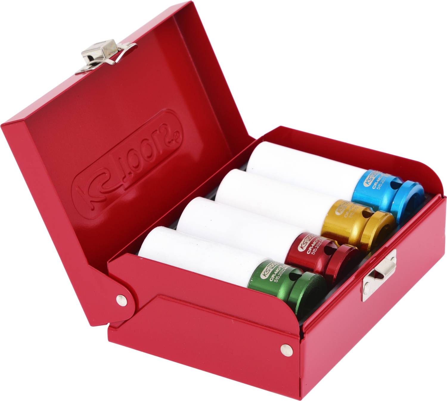 Czerwone metalowe pudełko z czterema białymi cylindrami, zakończonymi kolorowymi nakładkami: czerwoną, zieloną, niebieską i złotą. Prawdopodobnie przeznaczone do zastosowań przemysłowych lub laboratoryjnych.
