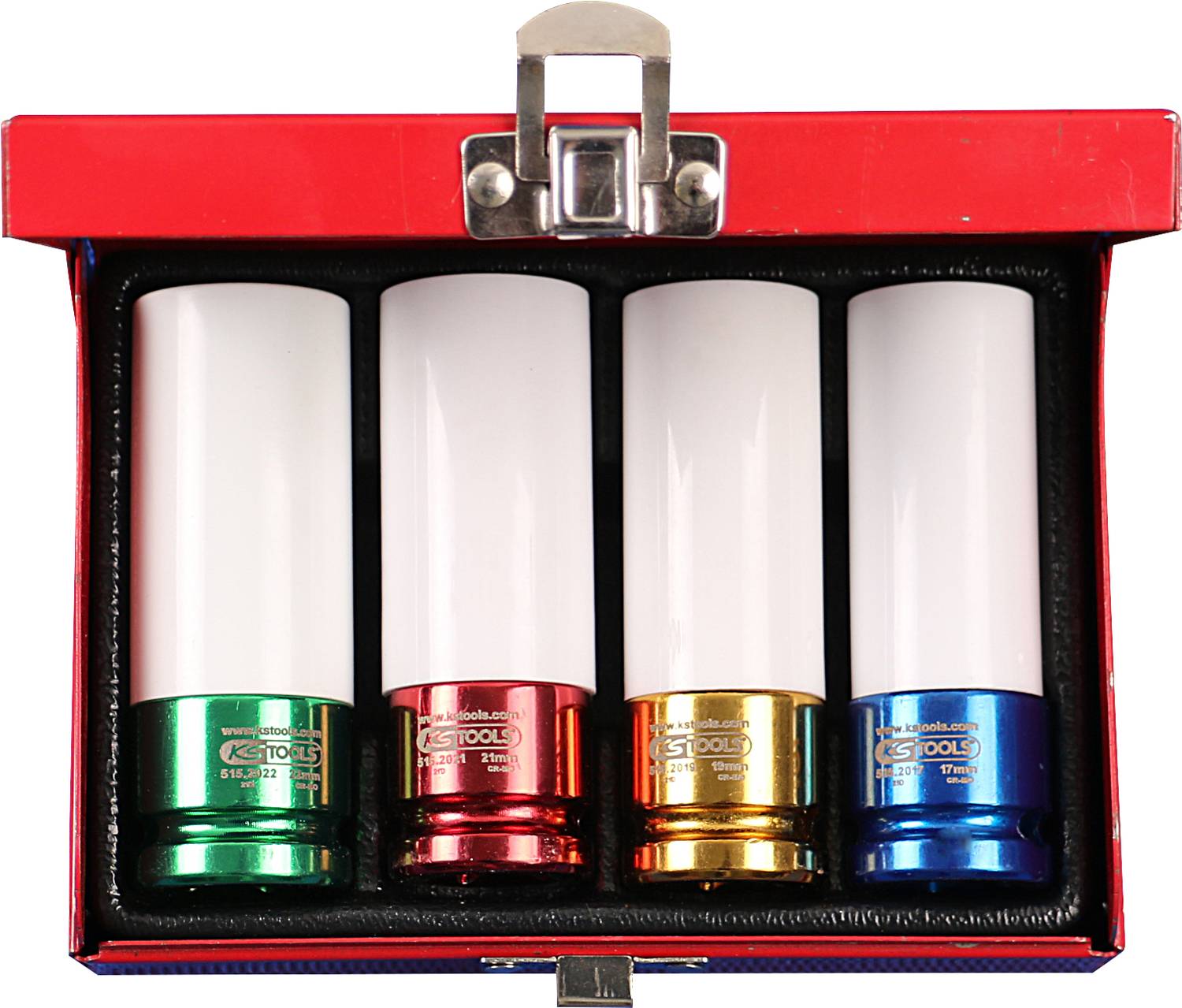 Cztery kolorowe klucze nastawne w otwartym, czerwonym pudełku. Są zielone, czerwone, żółte i niebieskie z białymi uchwytami.