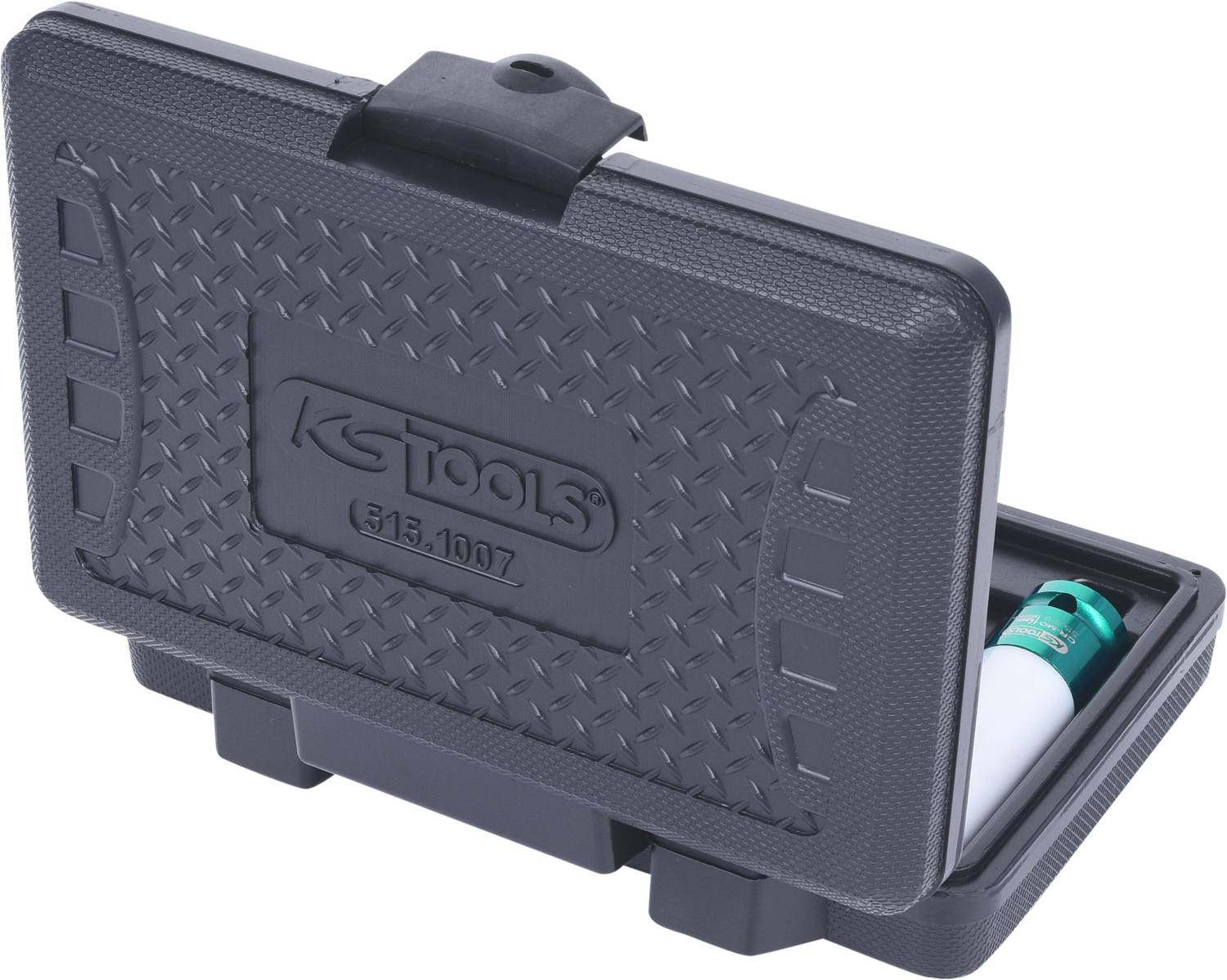 Czarny kufer narzędziowy z logo marki, lekko otwarty, ukazujący biały cylindryczny przedmiot w środku.