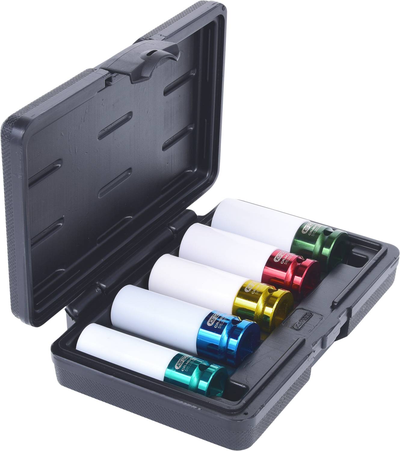 Zestaw narzędzi z pięcioma kolorowymi nakrętkami w kolorach białym, zielonym, niebieskim, żółtym i czerwonym, umieszonymi razem w czarnym, otwartym twardym pudełku.