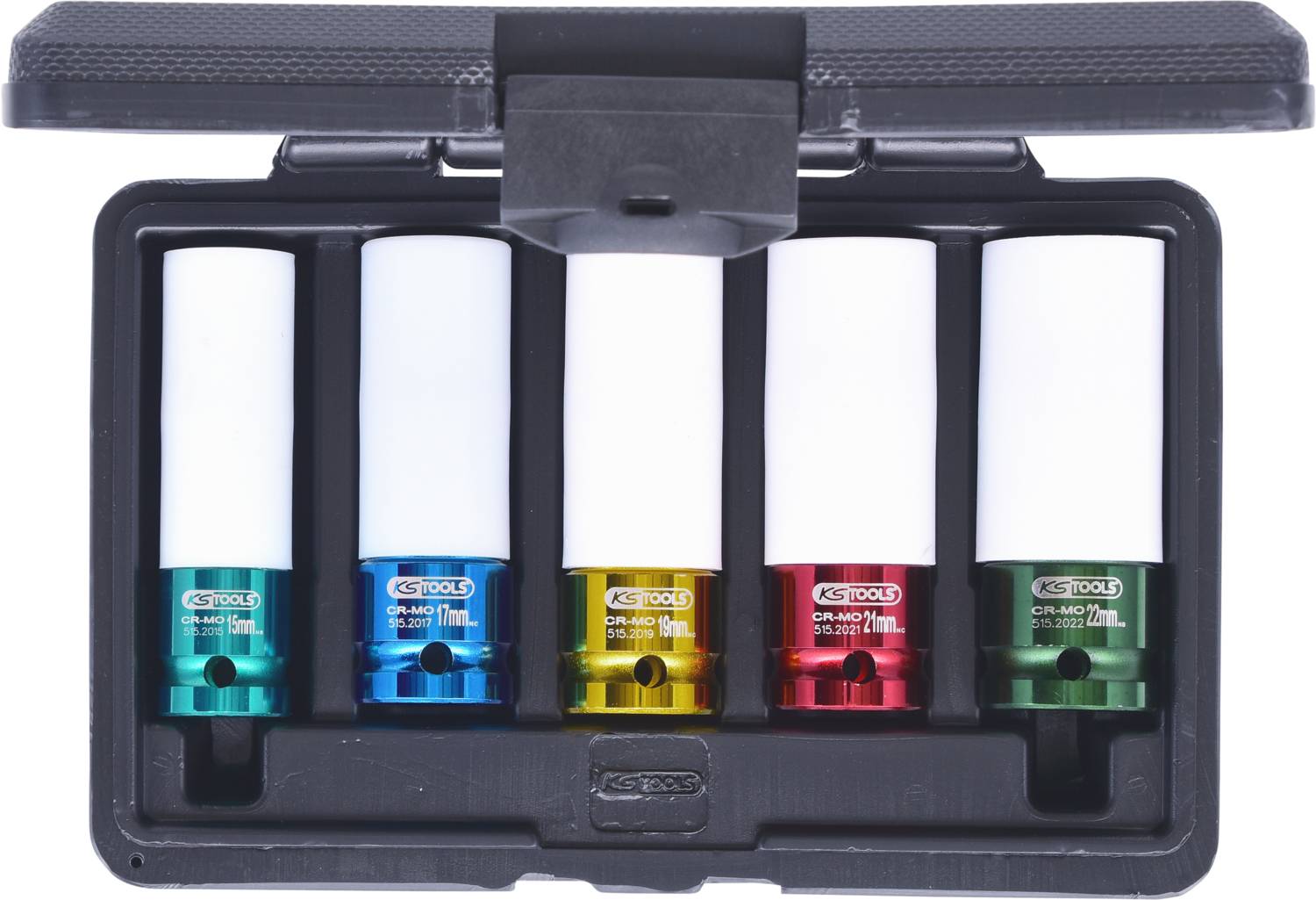 Pięć kolorowych nasadek w czarnym pudełku. Każda nasadka ma inny kolor: niebieski, czerwony, żółty, zielony i biały.