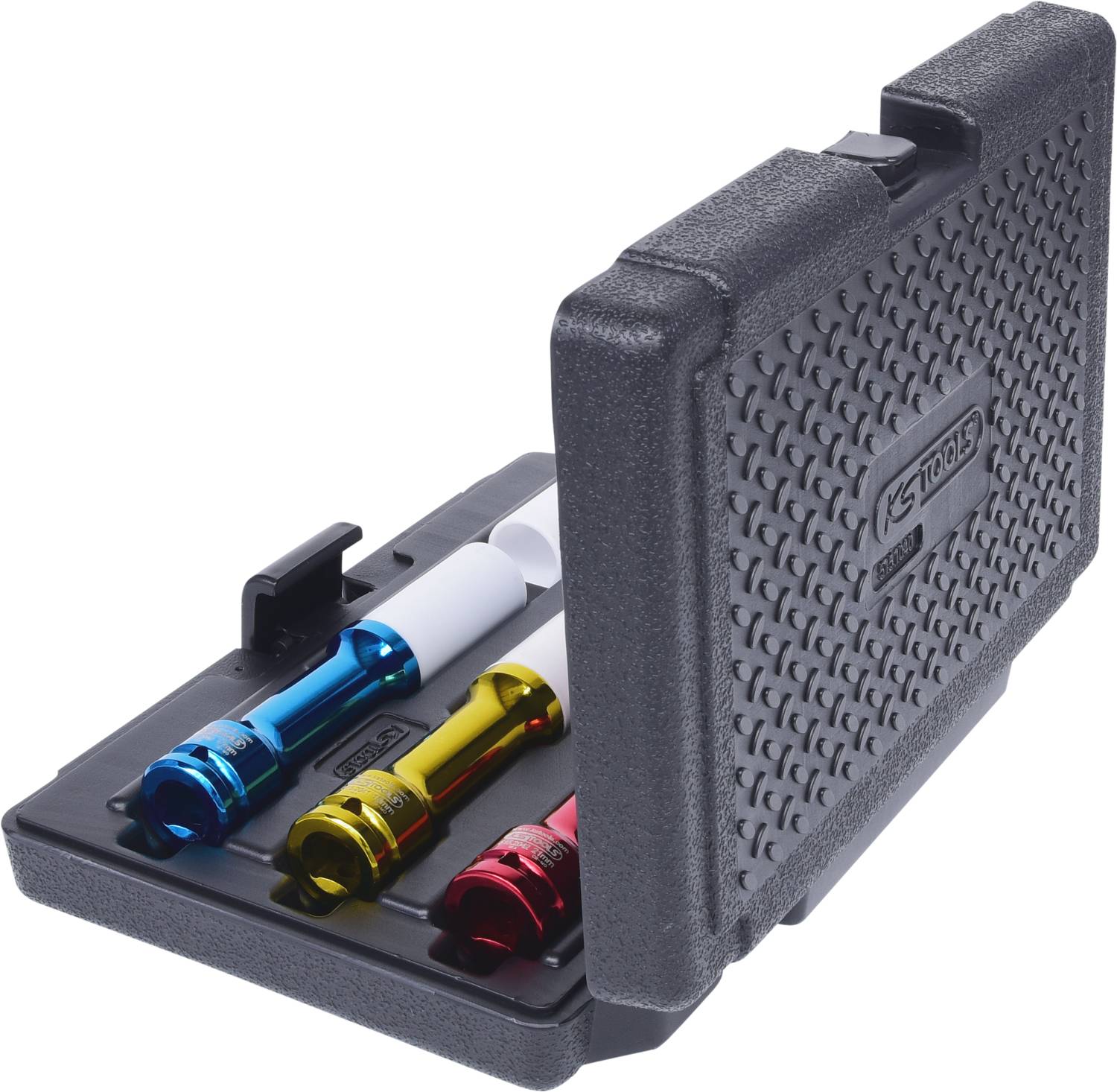 Czarny kufer transportowy zawiera trzy klucze nastawne w kolorach niebieskim, żółtym i czerwonym.