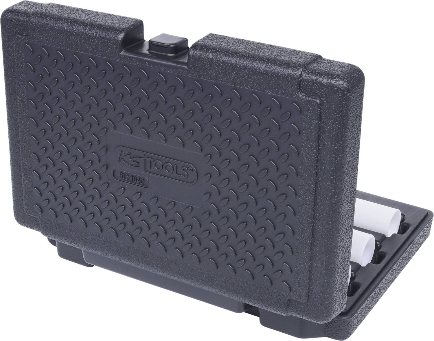 Czarny kufer na narzędzia z strukturyzowaną powierzchnią, częściowo otwarty, ukazujący białe plastikowe narzędzia w środku.
