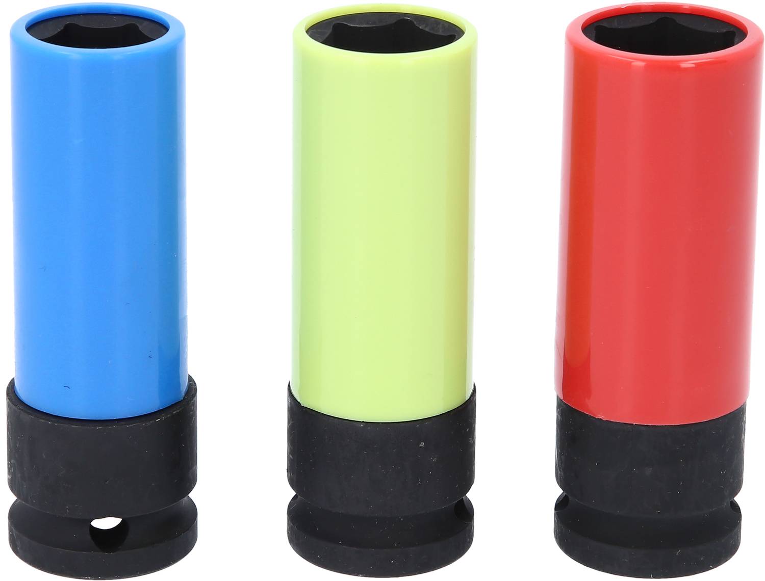 'Trzy kolorowe nasadki klucza: niebieska, zielona i czerwona, każda z czarnym pierścieniem gumowym, stoją pionowo obok siebie.'