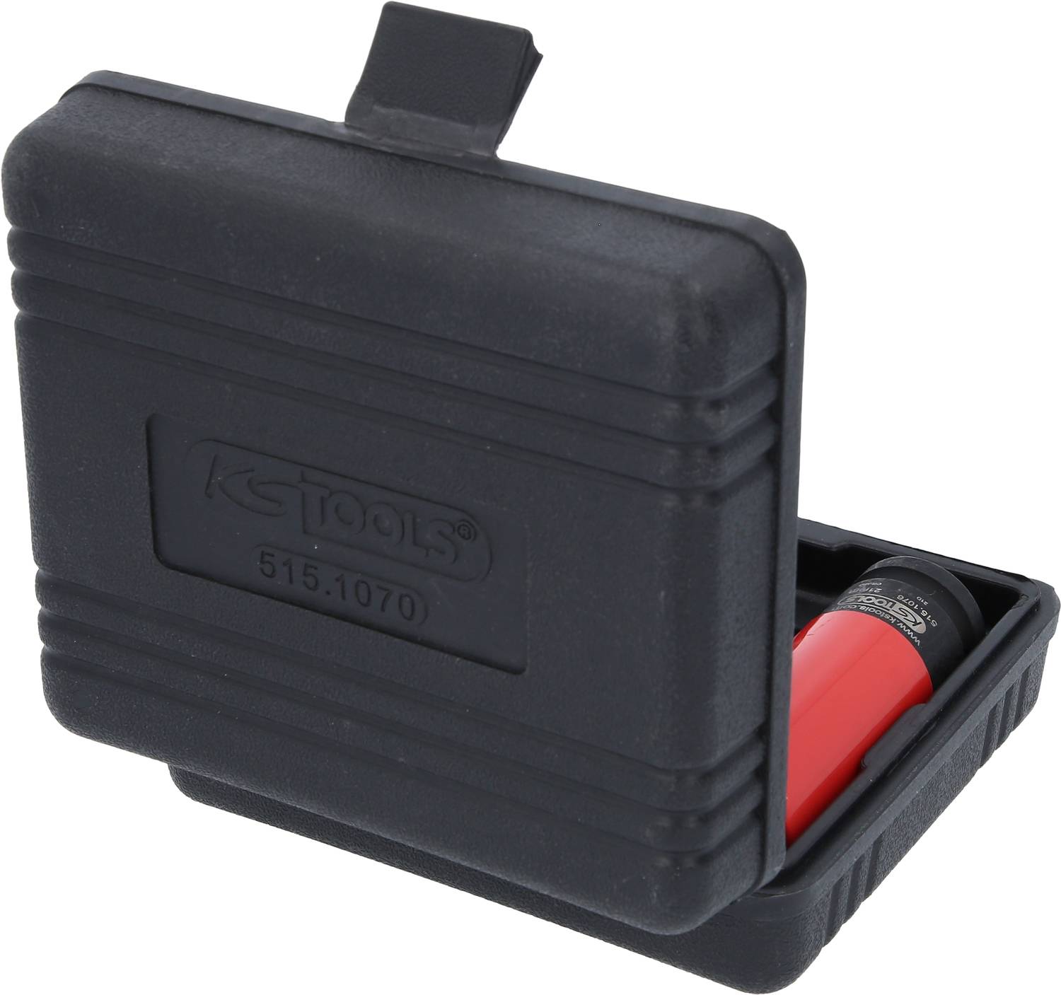 Czarny plastikowy kufer z czerwoną butelką, prawdopodobnie zawierający zestaw narzędzi.