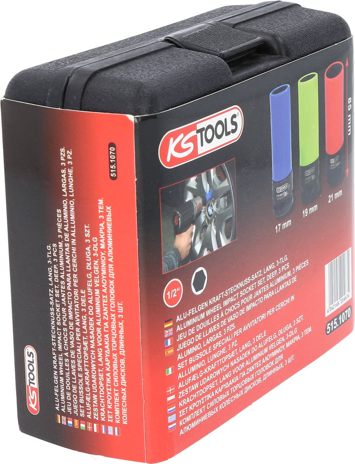 Skrzynka narzędziowa KS Tools z nasadkami kodowanymi kolorystycznie (17 mm, 19 mm, 21 mm), przedstawiona w opakowaniu.