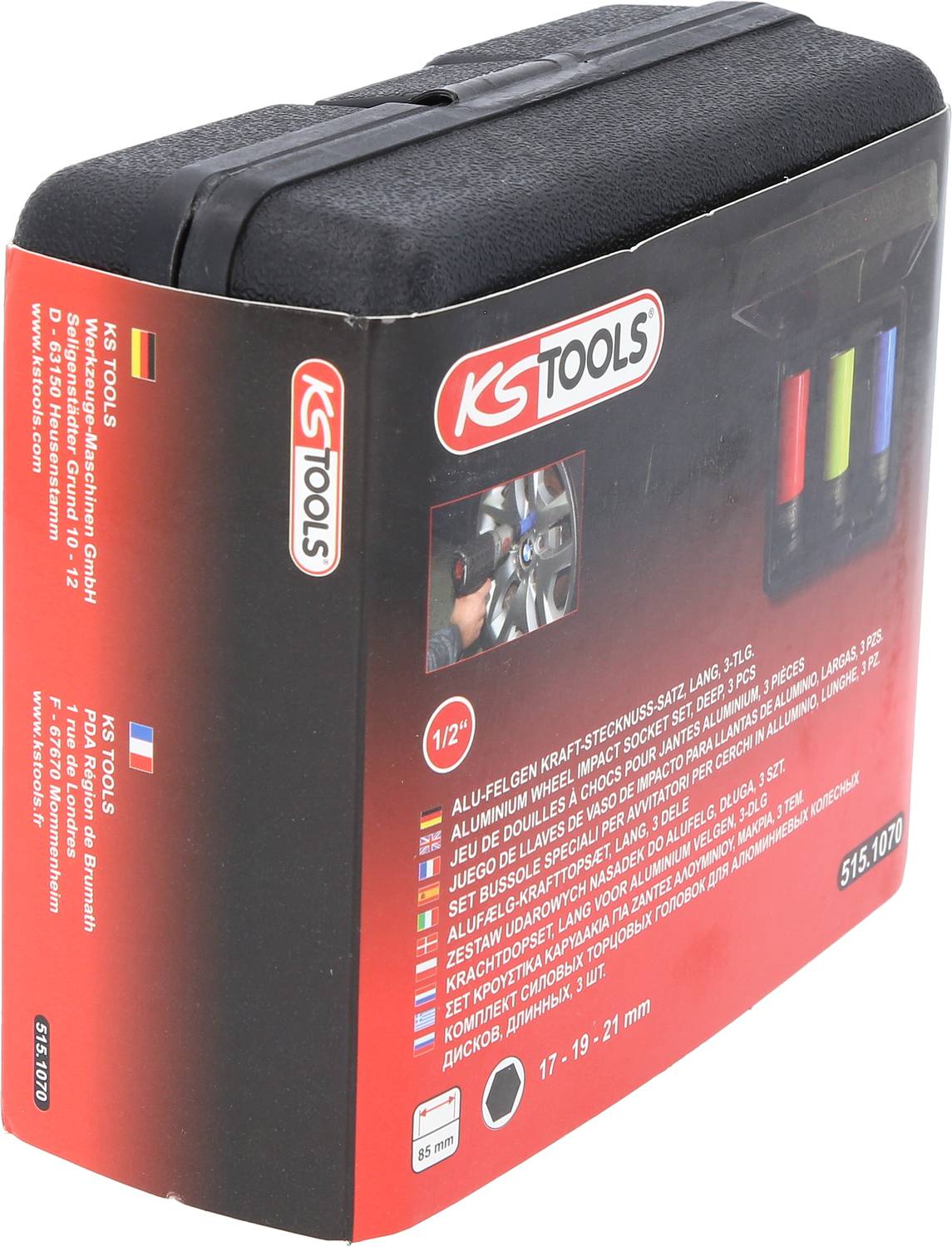 Czarne etui KS Tools do przechowywania z opisem produktu, zawierające narzędzia do przechowywania nasadek.