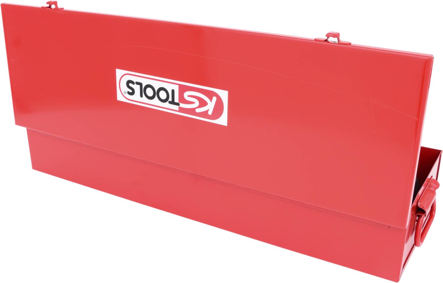 Czerwona skrzynka narzędziowa z zamkiem walizkowym i nadrukowanym logo.