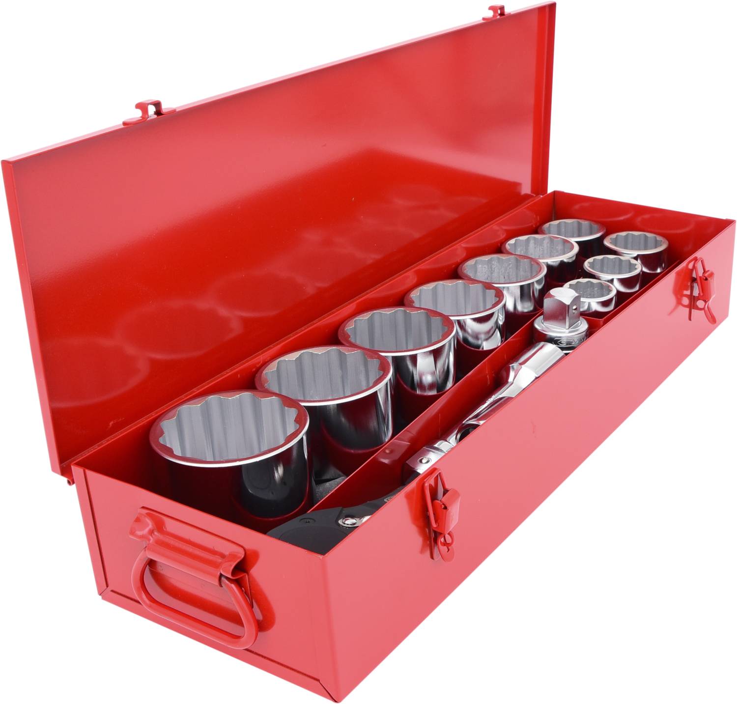 Czerwony skrzynka narzędziowa z otwartą pokrywą, ukazująca rząd srebrnych, ząbkowanych szczotek do garnków ułożonych obok siebie.