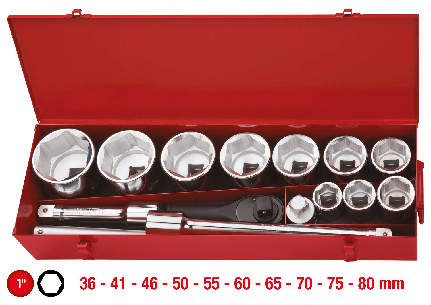 Czerwona skrzynka narzędziowa z dwunastoma kluczami nasadowymi o różnych rozmiarach (36-80 mm) oraz dwiema grzechotkami.