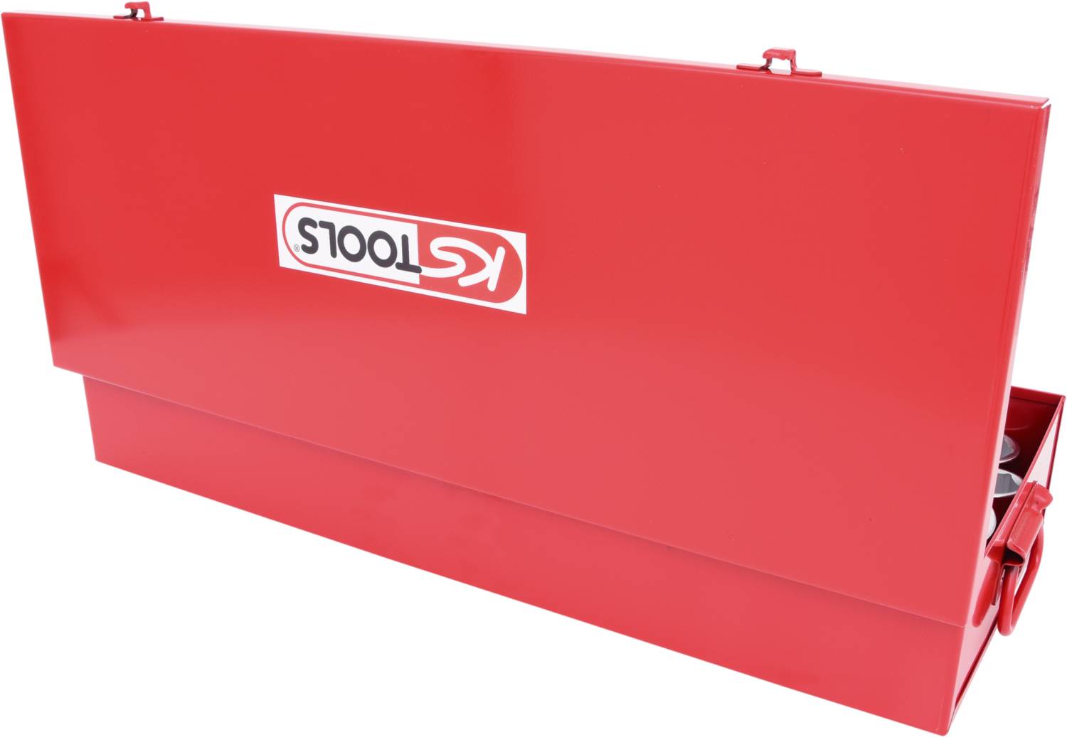Czerwona skrzynka narzędziowa z napisem 'TOOLS'. Skrzynka zamknięta, widziana z boku, z dwoma zamknięciami u góry.