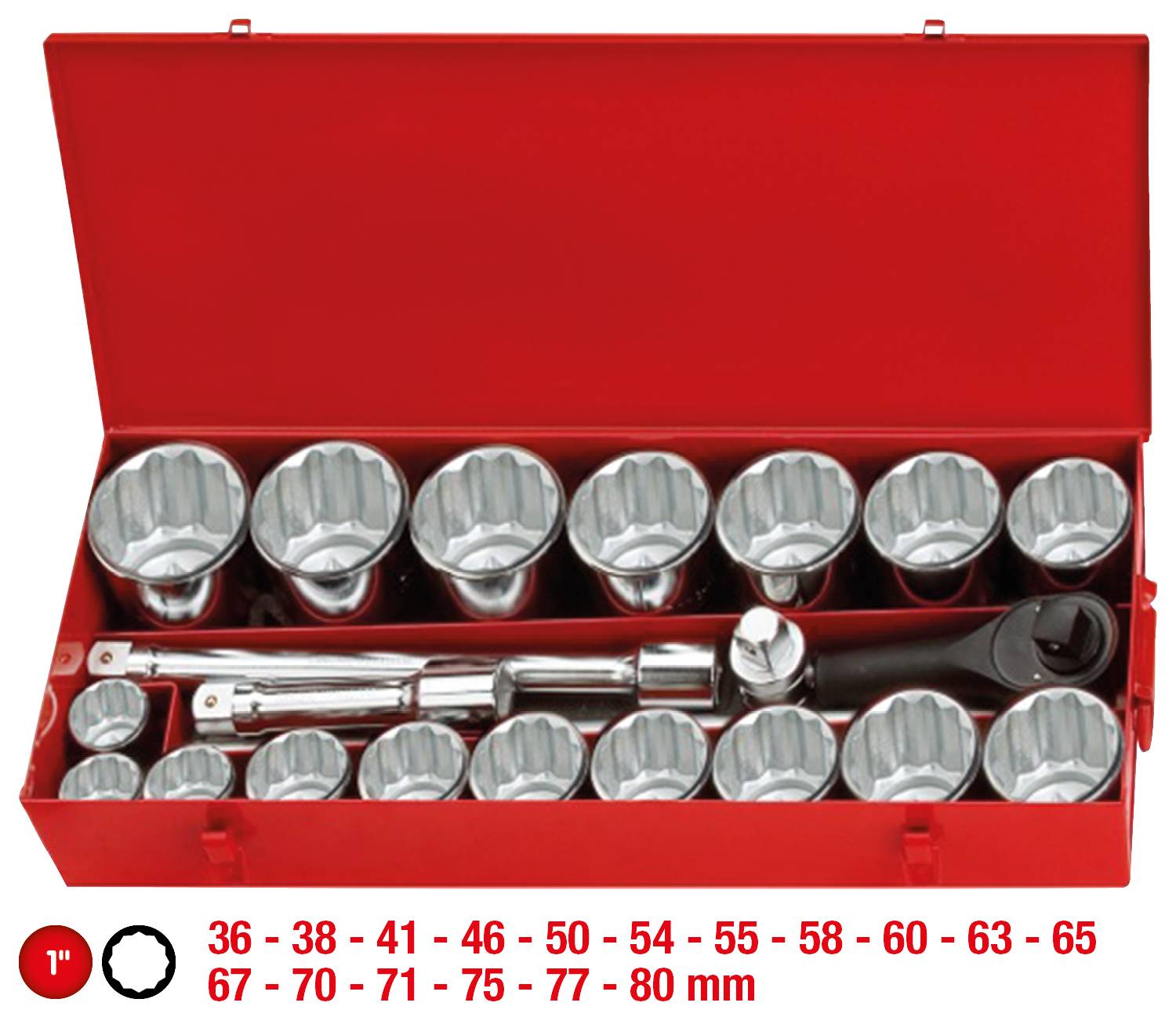 Czerwona skrzynka narzędziowa z 16 nasadkami i grzechotką. Rozmiary od 36 mm do 80 mm wyraźnie widoczne na opakowaniu.