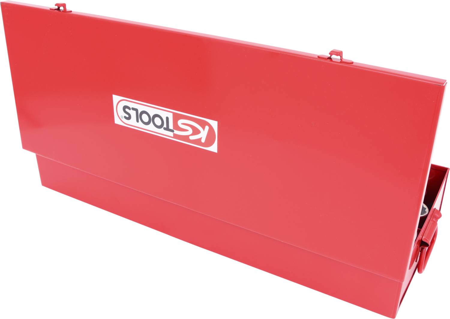 Czerwona metalowa skrzynka narzędziowa z logo 'KS Tools' na przedniej stronie, lekko otwarta, oferująca mały wgląd w jej zawartość.
