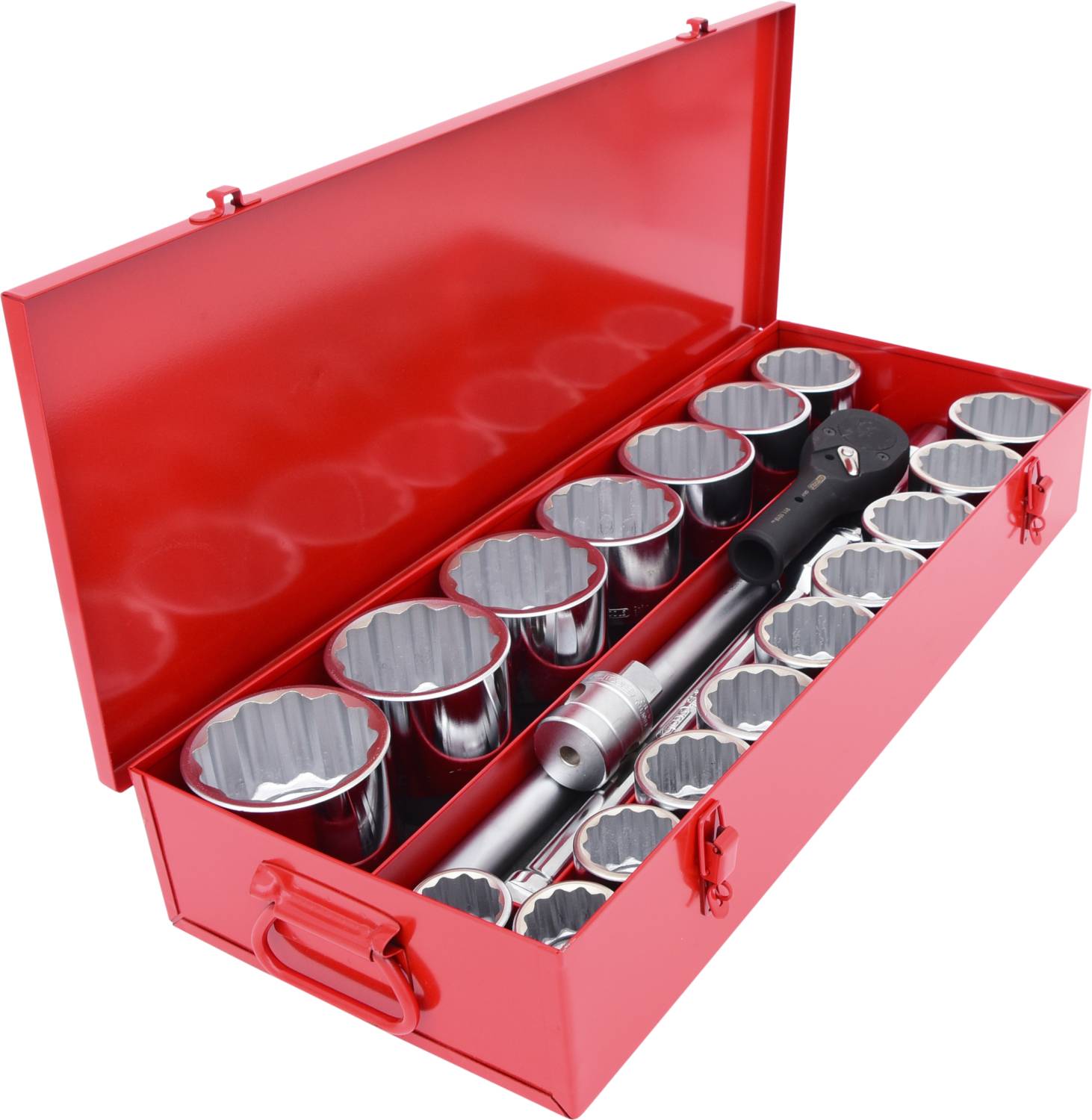 Czerwona skrzynka narzędziowa z różnymi nasadkami klucza nasadowego i grzechotką. Idealna do przechowywania i organizacji.