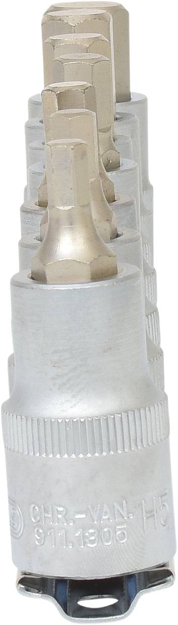 Zestaw sześciu srebrnych sześciokątnych końcówek bitowych ułożonych w rzędzie, nakładanych na siebie, przy czym każda zamontowana jest na uchwycie bitu.