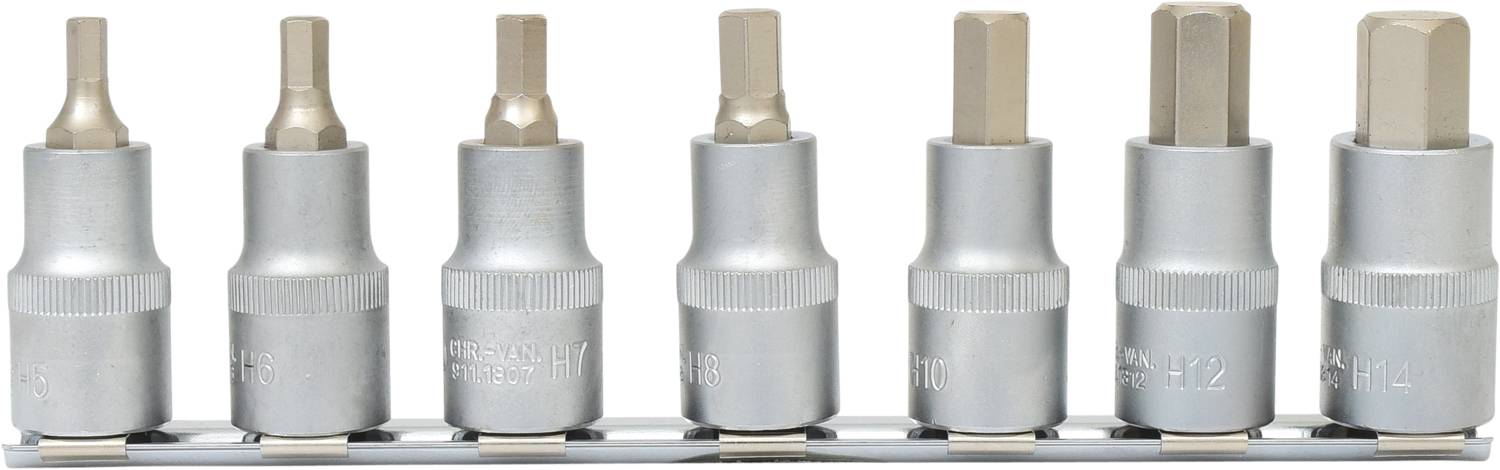 Zestaw siedmiu kluczy sześciokątnych w uchwycie, używanych do prac ślusarskich. Różne rozmiary od lewej do prawej strony.