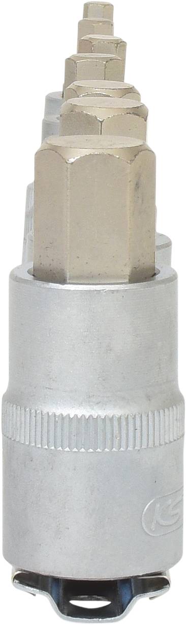 Sześciokątne końcówki bitów w różnych rozmiarach ułożone w rzędzie. Stosowane do prac śrubowych, umożliwiające mocowanie lub odkręcanie różnych rodzajów śrub.