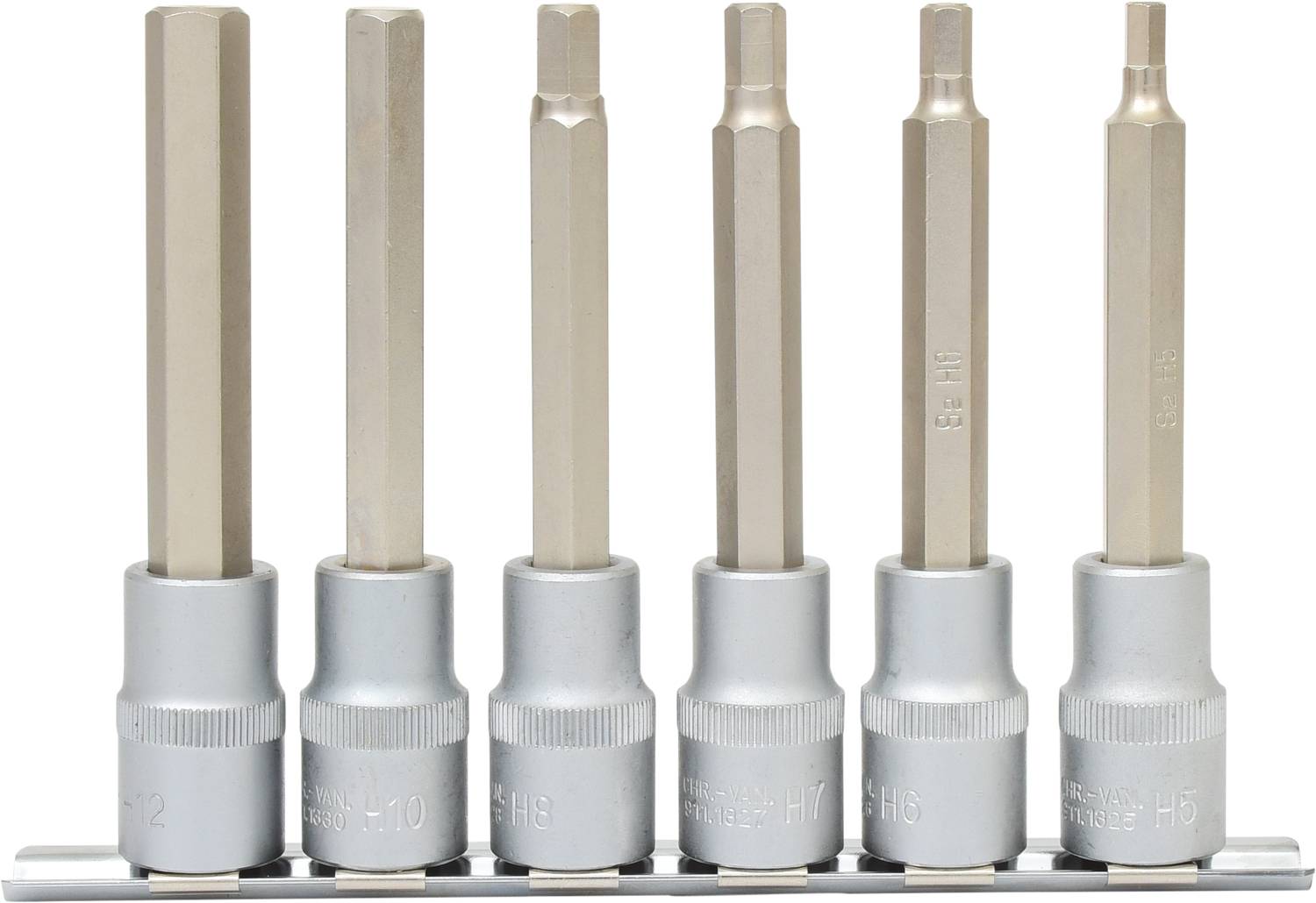 Sześć długich, srebrnych bitów sześciokątnych w uchwycie, o różnych rozmiarach, symetrycznie ułożonych do użycia w narzędziach.