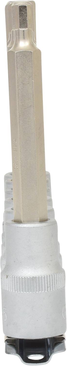 Sześciokątny klucz nasadowy z długą rączką, w srebrnym wykonaniu metalowym, przeznaczony do użycia ze śrubami i śrubami mocującymi.