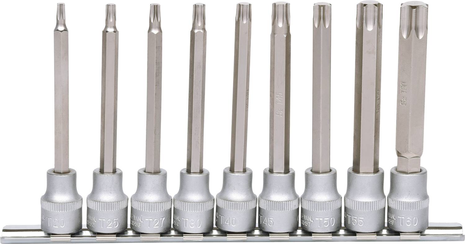 Zestaw dziesięciu różnych grotów wkrętakowych w uchwycie, każdy z innym rodzajem końcówki do różnych typów śrub.