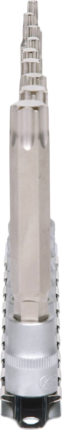 Srebrne narzędzie z wieloma sześciokątnymi stopniami, najprawdopodobniej adapter do klucza nasadowego, wykonane z metalu. Widok z góry na dół.