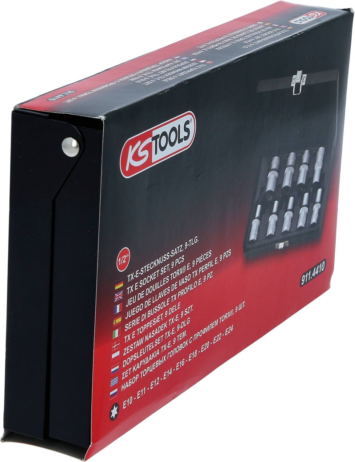 Czarne opakowanie firmy KS Tools, zawierające 9-elementowy zestaw kluczy nasadowych z profilem E, częściowo otwarte.