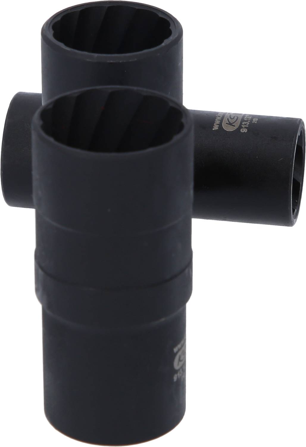 Dwa czarne, cylindryczne nasadki do klucza nasadowego, które stoją obok siebie i są jednostronnie otwarte.