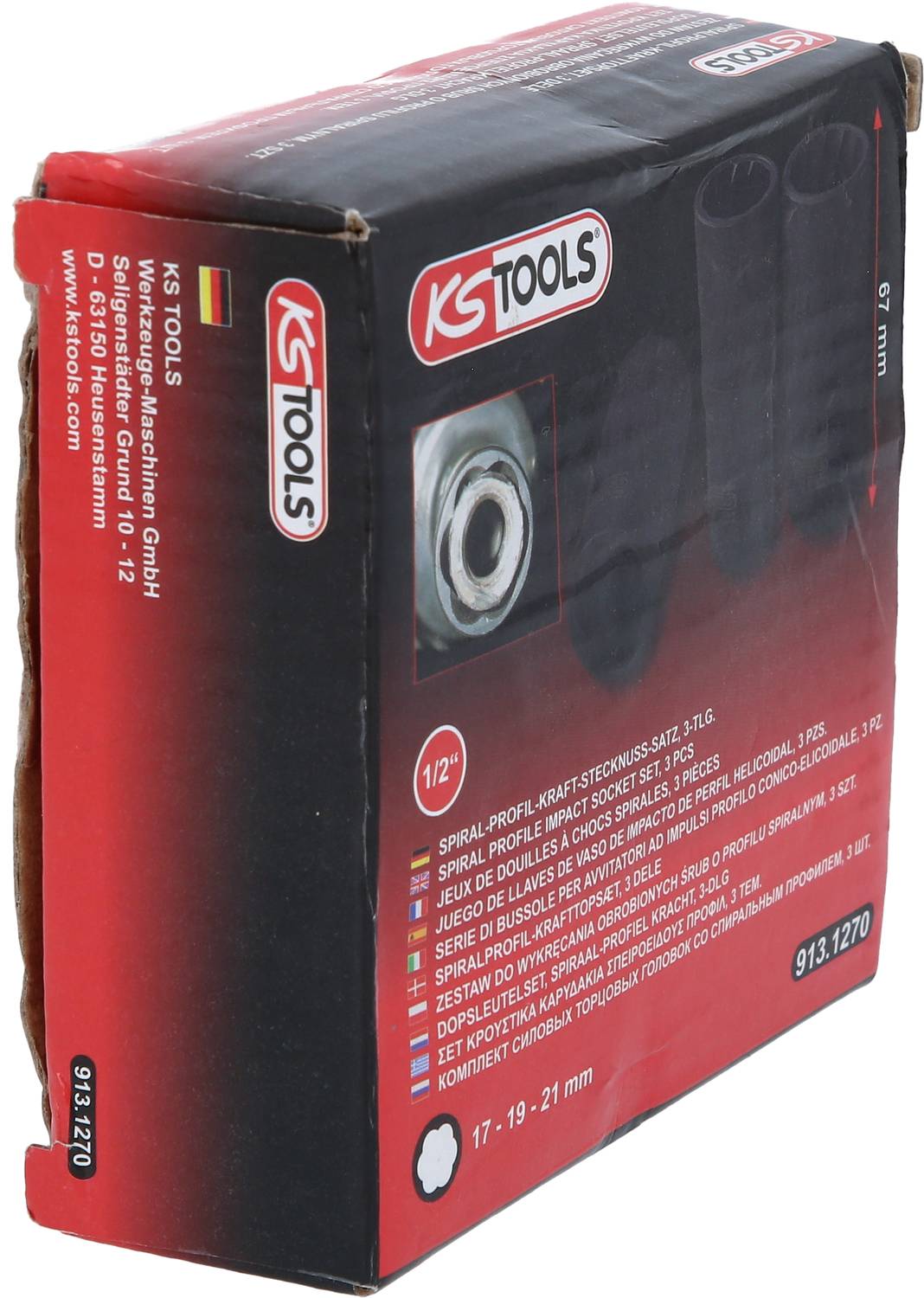 Opakowanie zestawu narzędzi firmy KS Tools, prezentujące nasadki spiralne o rozmiarach 17, 19 i 21 mm.
