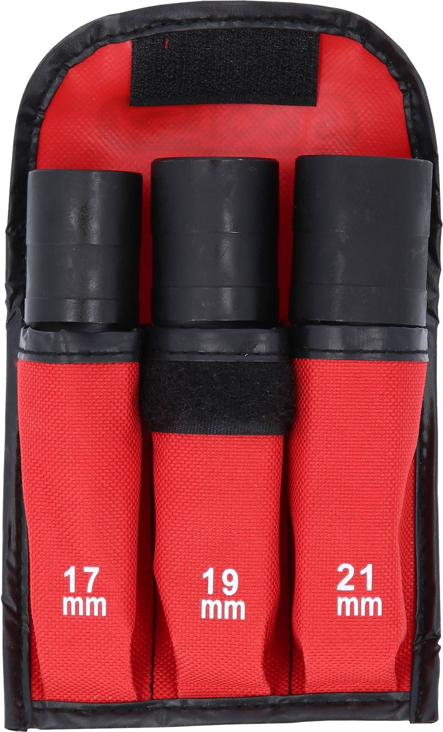 'Trzy czarne nakrętki w czerwonych uchwytach z nadrukami: 17 mm, 19 mm, 21 mm, ułożone w czarnej torbie narzędziowej.'