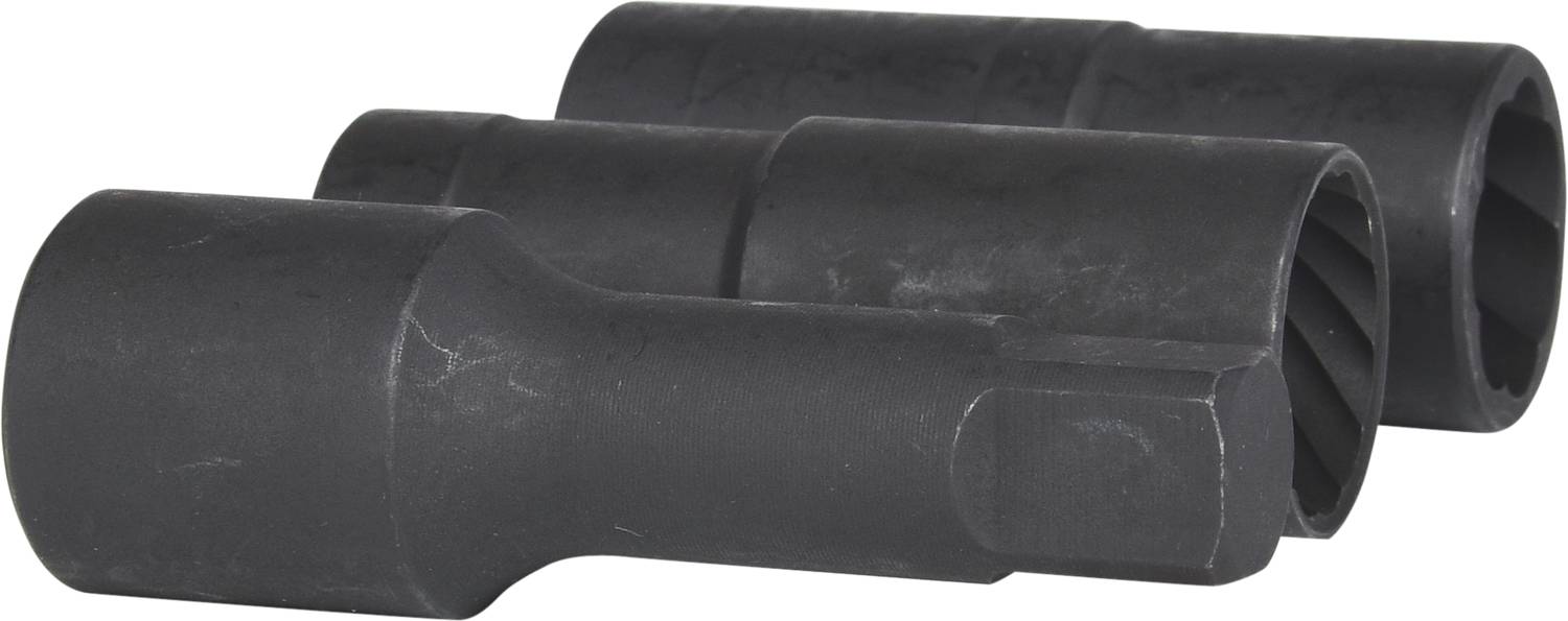 Trzy czarne nakrętki leżą obok siebie. Mają różne rozmiary i służą do dokręcania lub odkręcania śrub.